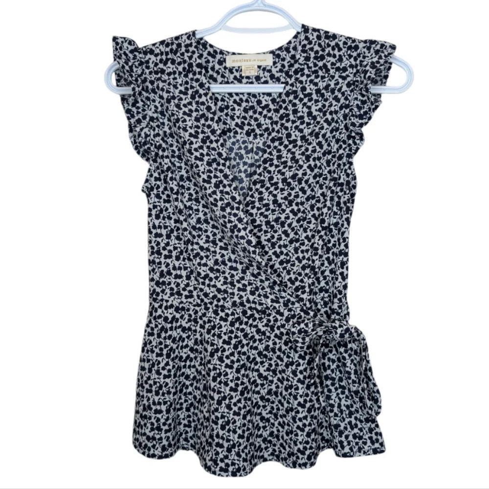 Monteau Women's Small Navy and White  Pattern Sleeveless Faux Tie Front Blouse